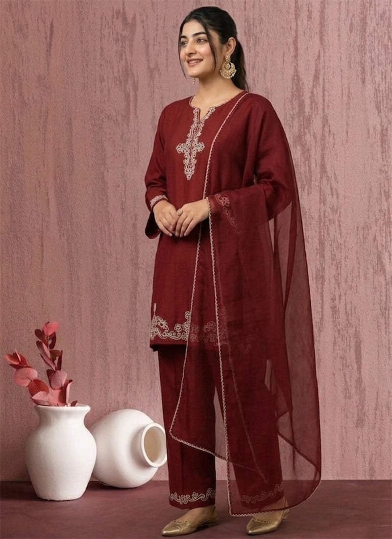 Enchanting Maroon Art Silk Zari Sequins Straight Pant Suit After Six Wear