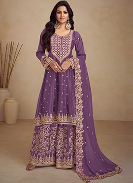 Enchanting Purple Chinon Embroidered Sequins Palazzo Suit