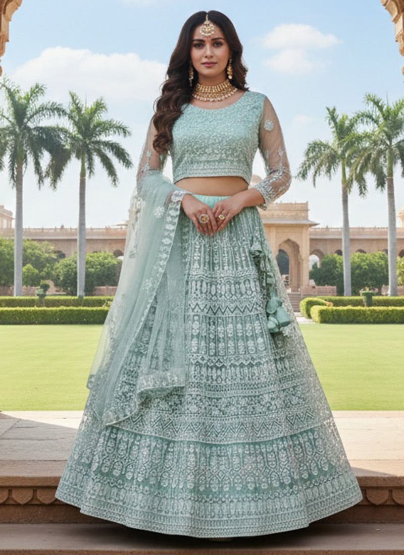 Enchanting Sea Green Net Heavy Thread Embroidery Work Umbrella Lehenga After Six Wear