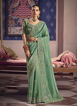 Enchanting Sea Green Viscose Tissue Beads Embroidered Sequins Saree
