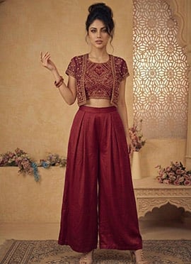 Enchanting Wine Silk Beads Resham Sequins Indowestern Set And Suit