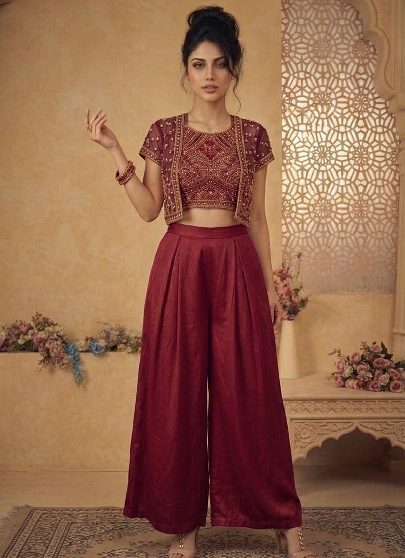 Enchanting Wine Silk Beads Resham Sequins Indowestern Set And Suit Wedding Wear