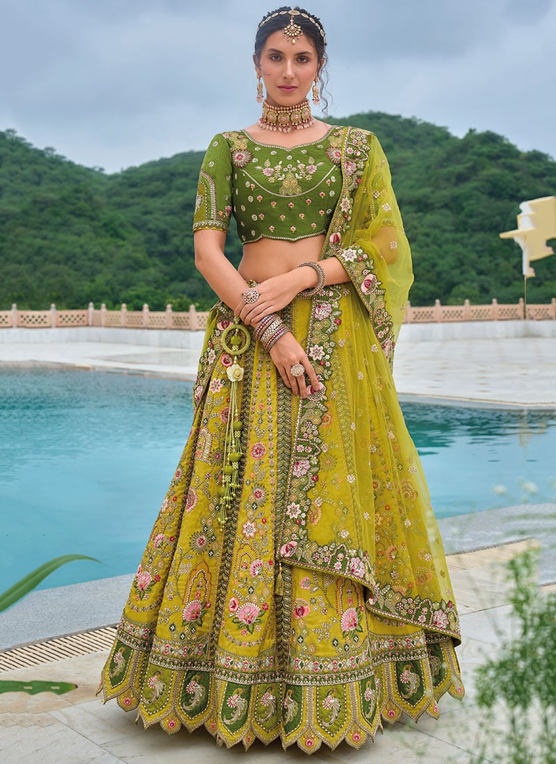 Ethereal Beauty Mustard Silk Zari Embroidered And Stone Sequins Lehenga Wedding Wear