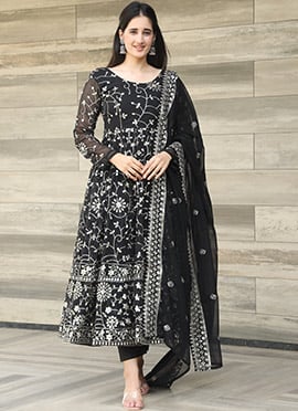 Ethereal Black Faux Georgette Anarkali Suit With Sequins Detailing