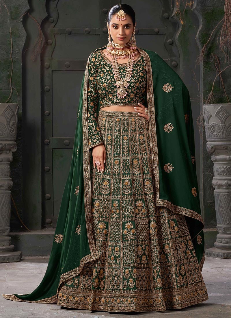 Ethereal Elegance In Green Georgette Zari Zarkan Embroidered Lehenga Wedding Wear