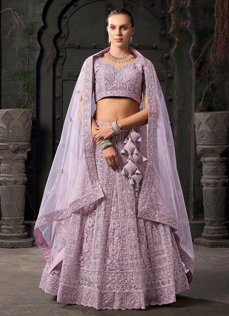 Ethereal Elegance In Lavender Net Zari Zarkan Embroidered Sequins Lehenga Wedding Wear