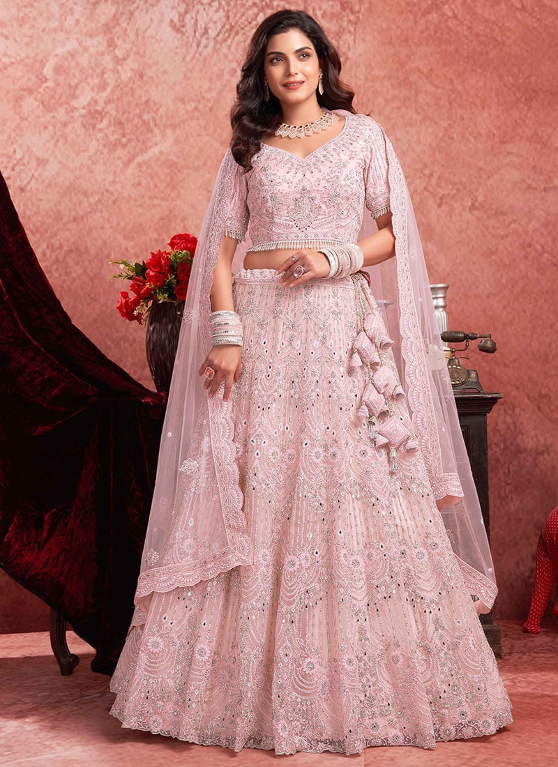 Ethereal Elegance In Pink Net Zari Thread Zarkan Embroidered Sequins Lehenga Wedding Wear