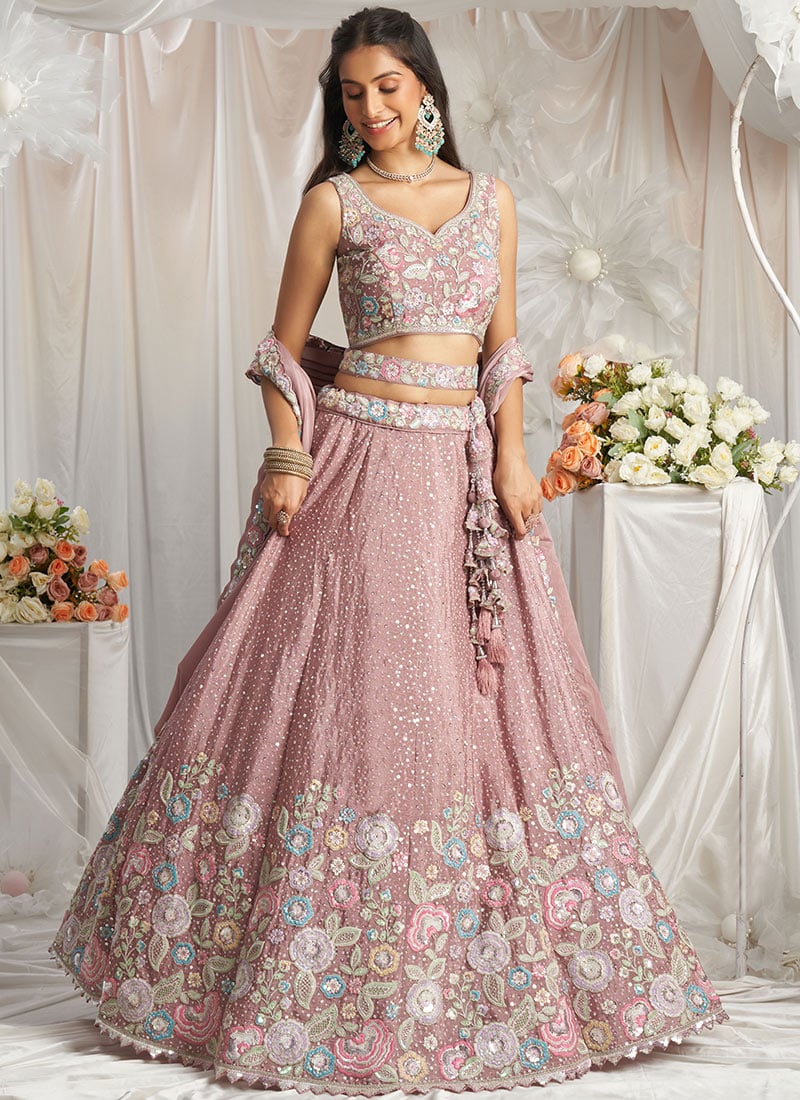 Ethereal Elegance In Rose Gold Chinon Embroidered Sequins Lehenga Wedding Wear