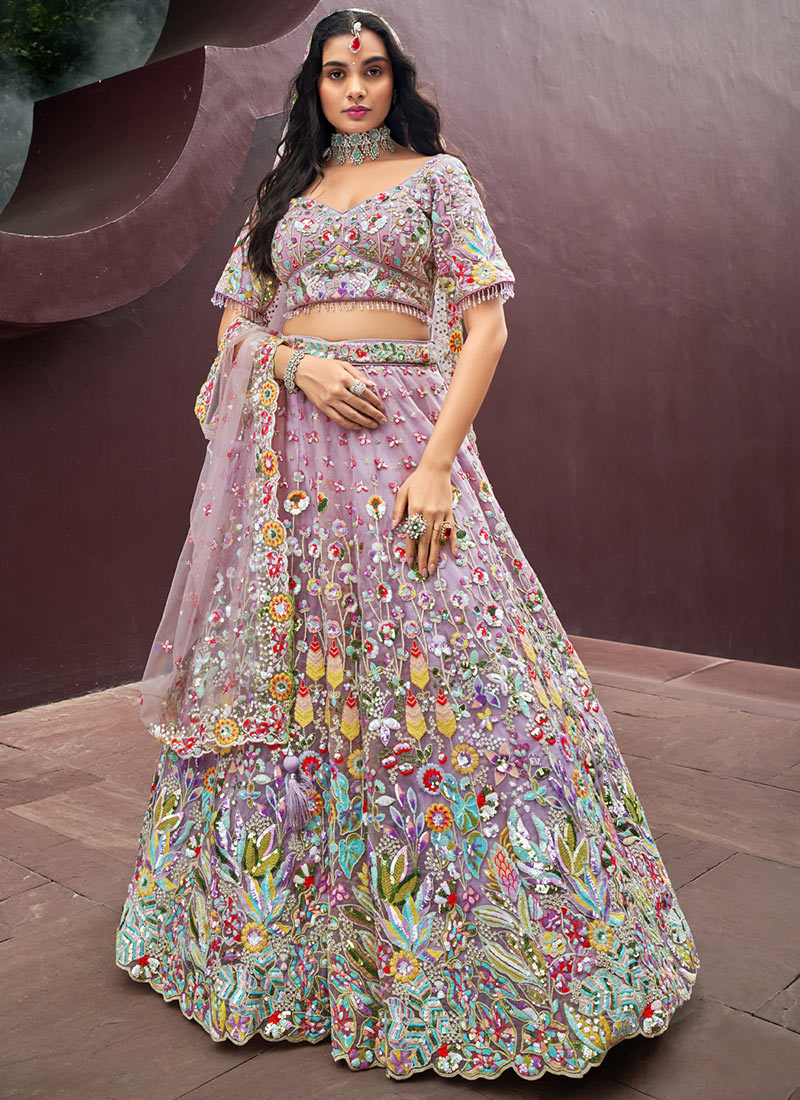 Mauve Net Sequins & Zarkan Embroidered Bridal Lehenga Choli