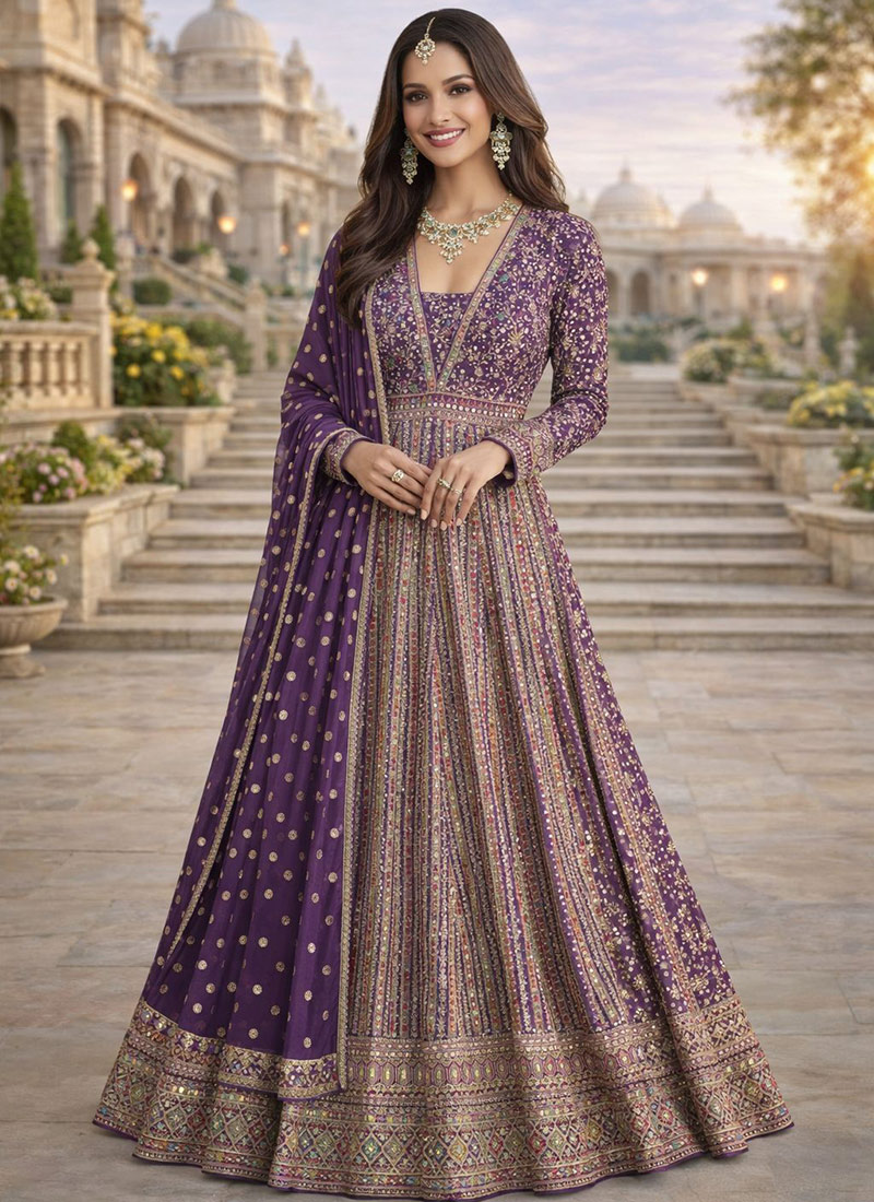 Ethereal Lavender Georgette Embroidered Sequins Thread Anarkali Suit Wedding Wear
