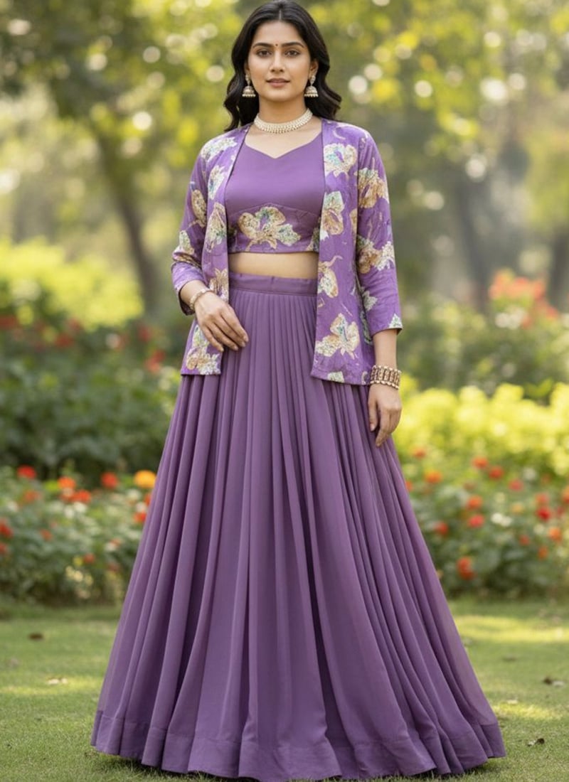 Ethereal Lavender Georgette Foil Print Indowestern Set and Suit Wedding Wear