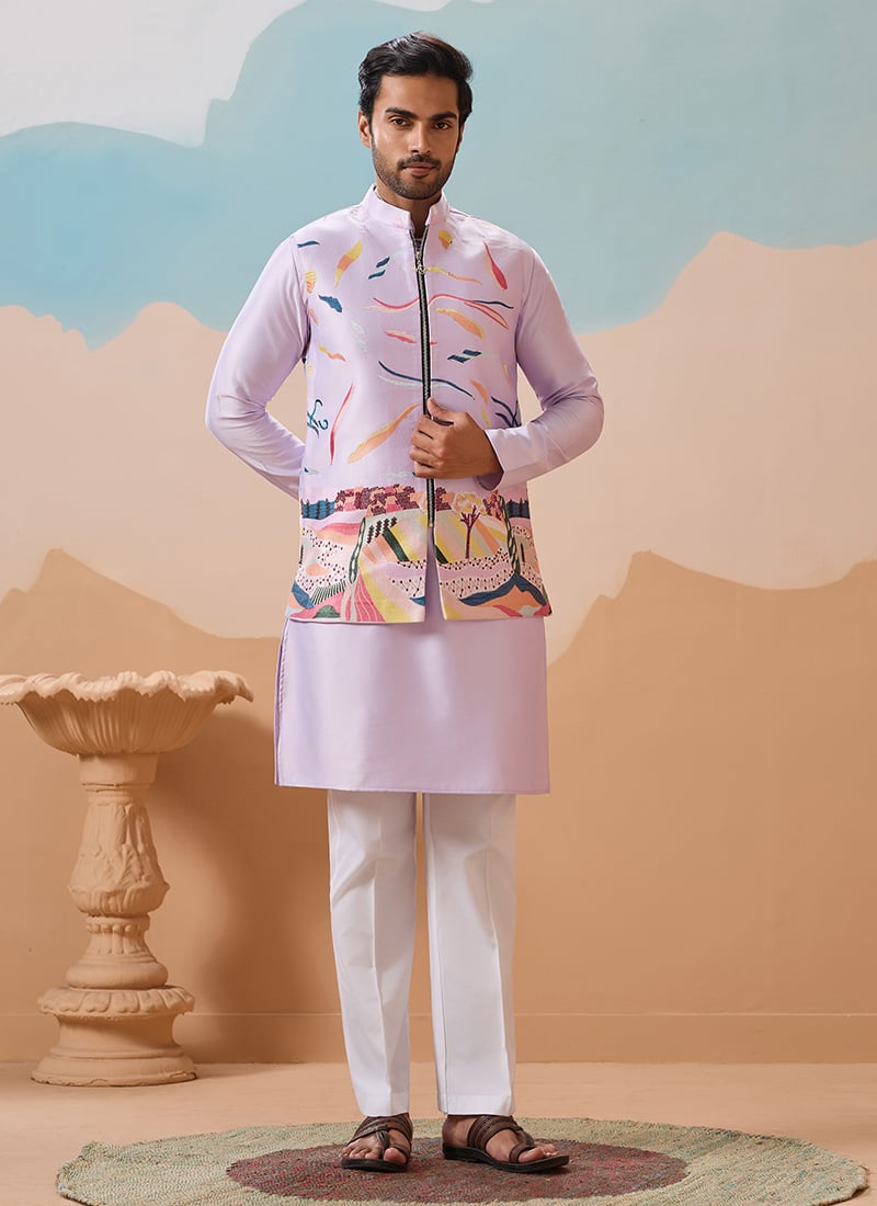 Ethereal Lavender Silk Embroidered Sequins Thread Bandi Set Wedding Wear