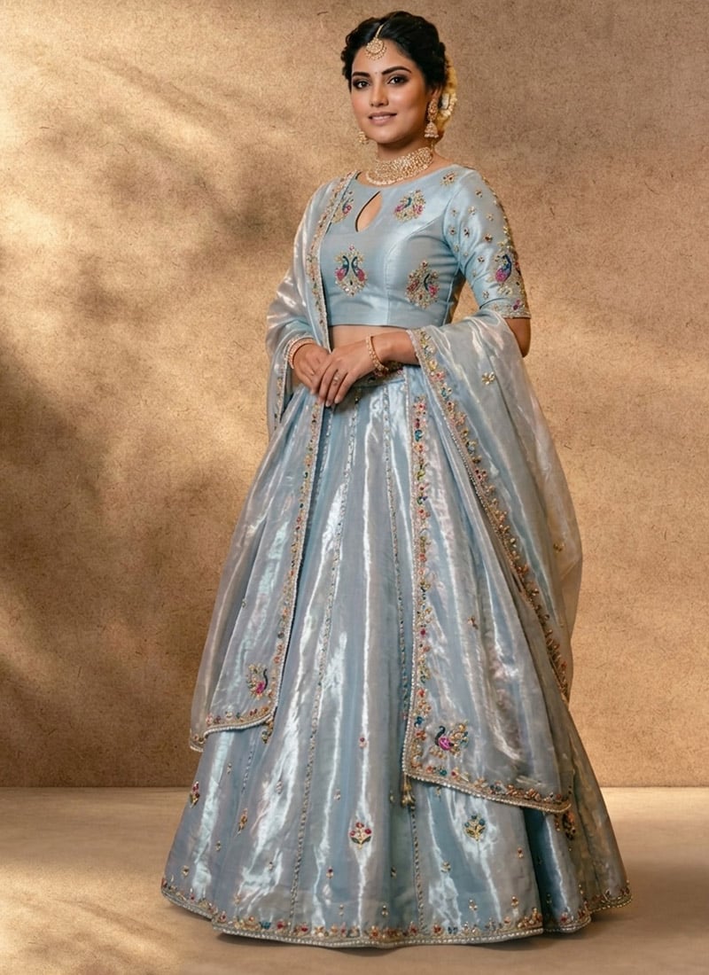 Ethereal Light Blue Organza Resham Embroidered Umbrella Lehenga Wedding Wear