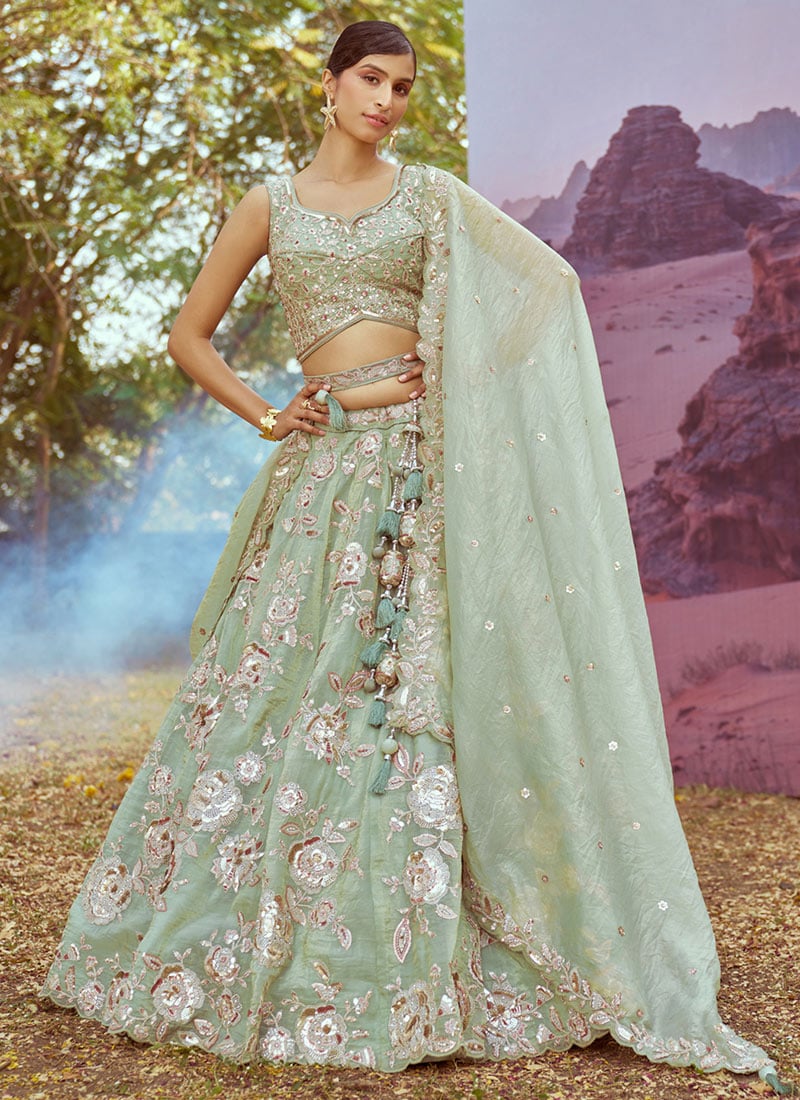 Ethereal Lime Green Organza Embroidered Sequins Lehenga Wedding Wear