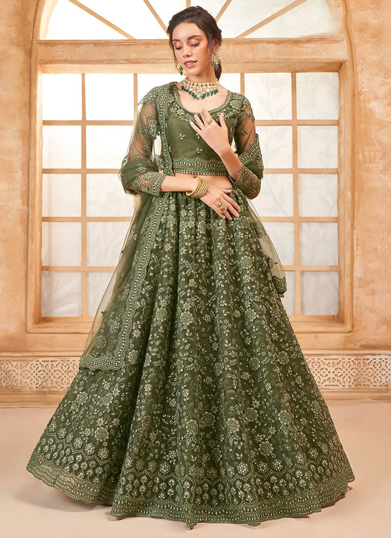 Ethereal Olive Green Net Embroidered Stone Work Lehenga Wedding Wear