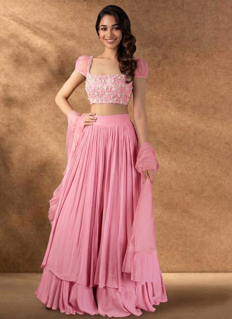 Ethereal Pink Faux Georgette Beads Stones Hand Embroidered A Line Lehenga Wedding Wear