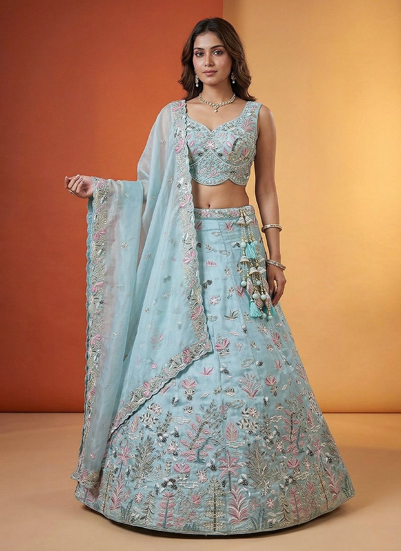 Ethereal Sky Organza Embroidered Umbrella Lehenga Wedding Wear