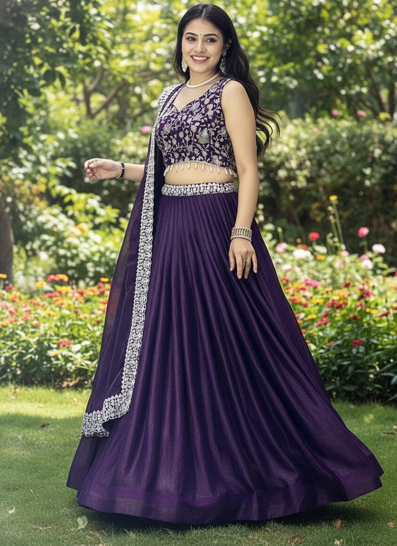Ethereal Violet Fendy Satin Embroidered Umbrella Lehenga Festive Wear