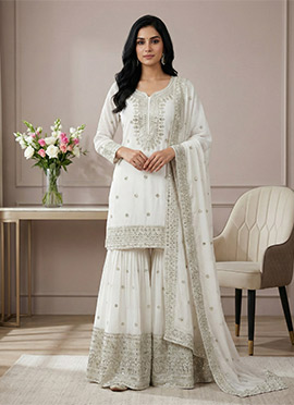 Ethereal White Chinon Embroidered Sequins Sharara Suit