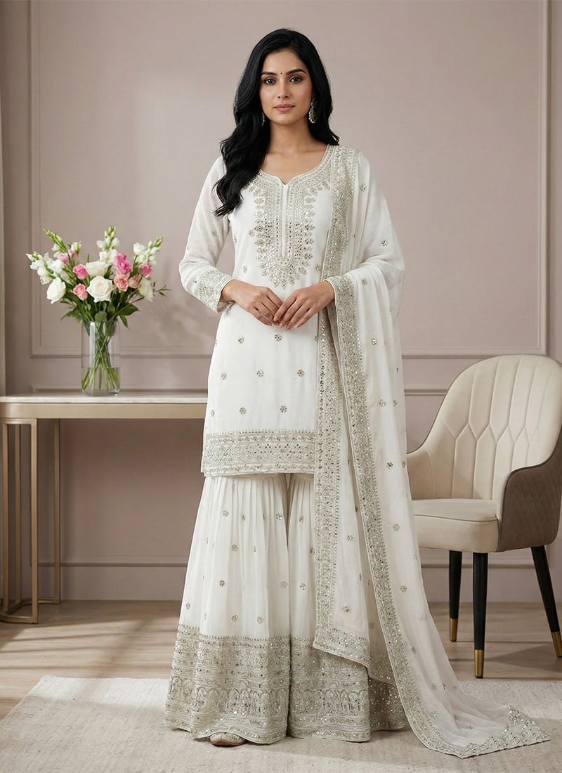 Ethereal White Chinon Embroidered Sequins Sharara Suit Festive Wear