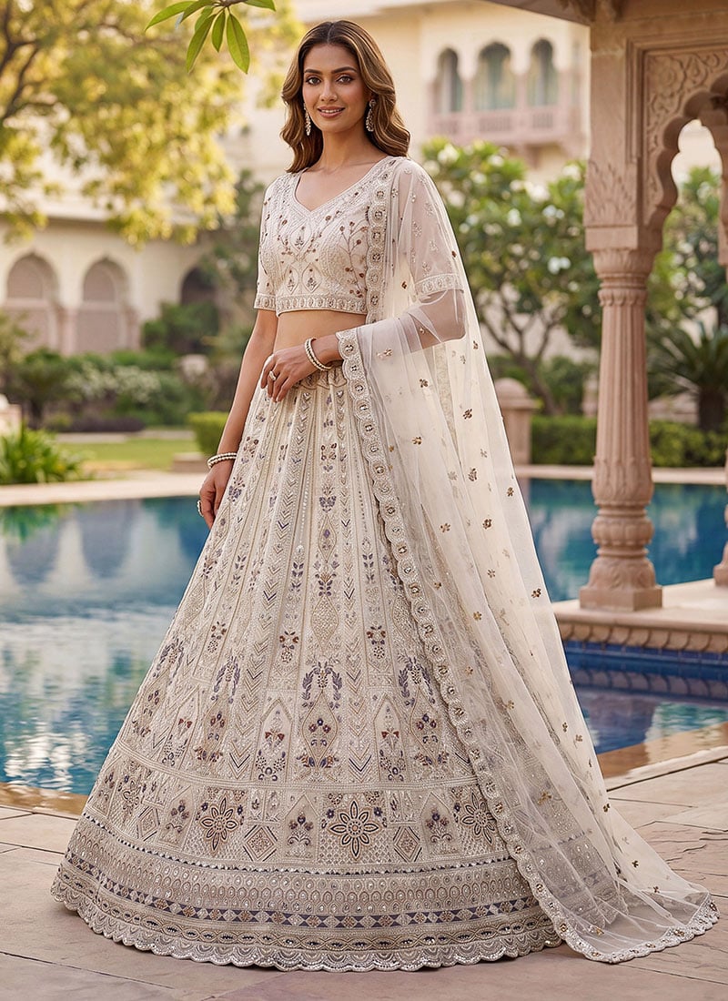 Ethereal White Net Fancy Zari Dori Sequence Thread Embroidery Work Umbrella Lehenga Wedding Wear