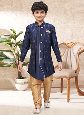 Ethnic Navy Blue Banarasi Silk Jacquard Kids Boys Indowestern Sherwani