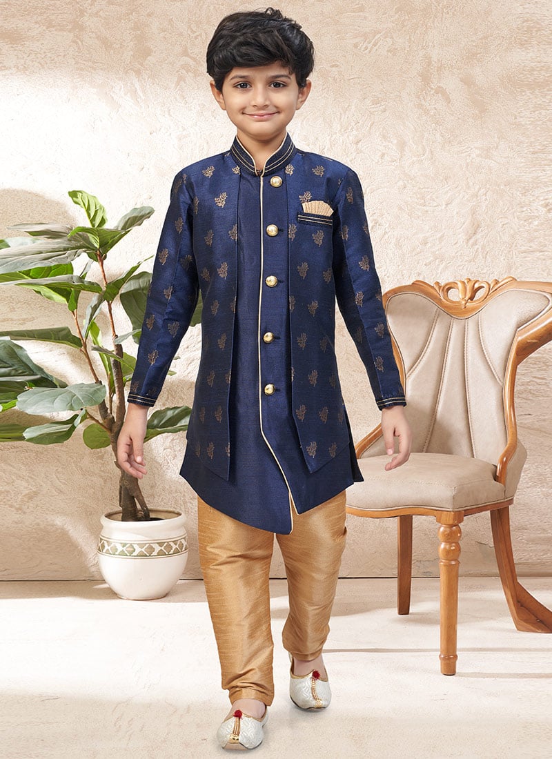 Ethnic Navy Blue Banarasi Silk Jacquard Kids Boys Indowestern Sherwani Wedding Wear