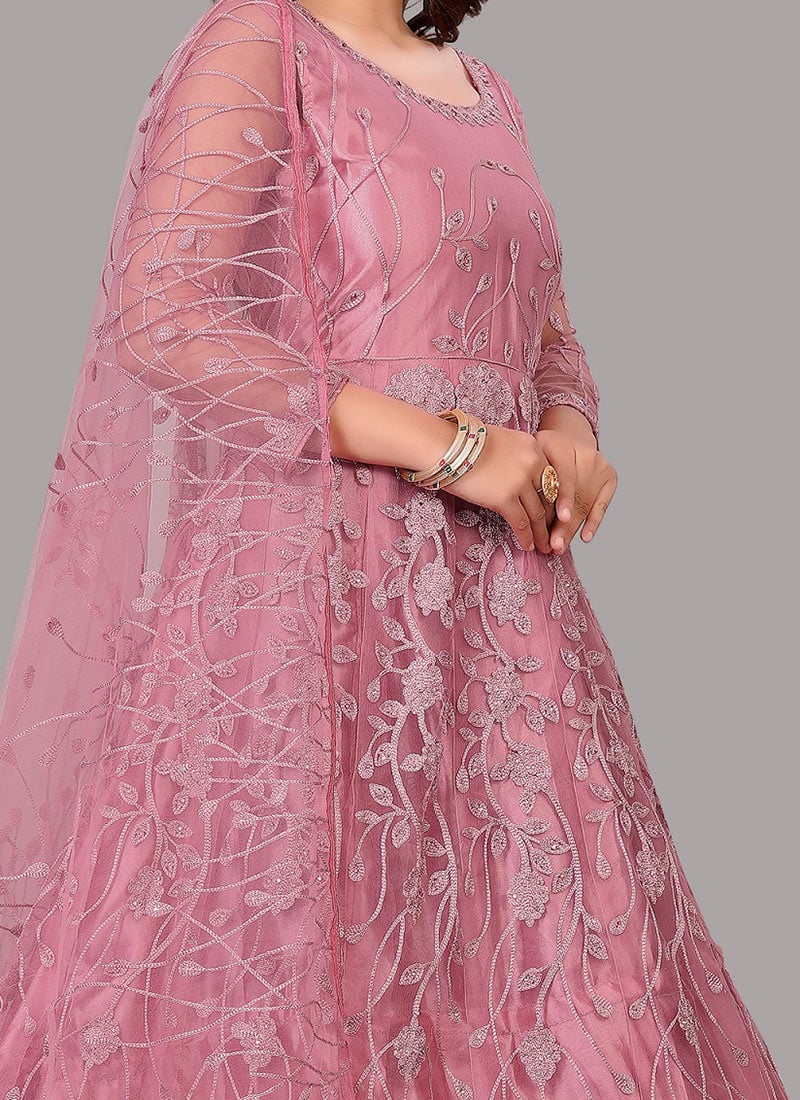 Copper Brown Heavy Embroidered Net Anarkali Suit main image 1