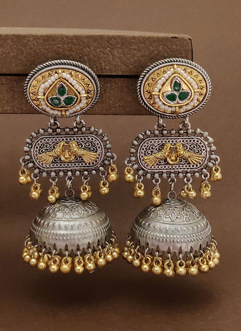 Ethnic Silver Beads Kundan Jhumka Festive Wear