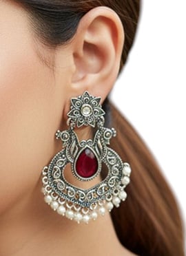 Ethnic Silver Plated Kundan Moti Oxidised Chaand Bali