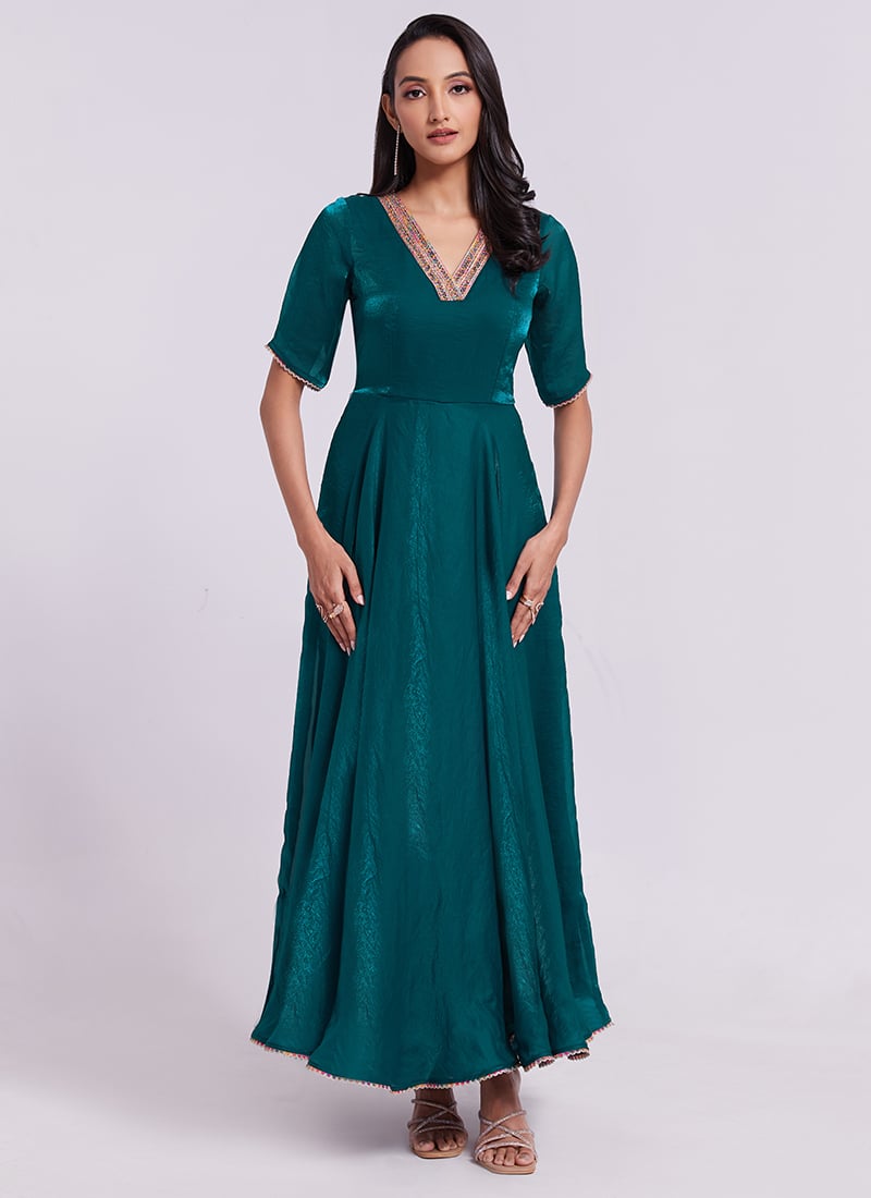 Evening Gown In Teal Organza Embroidered For Women After Six Wear