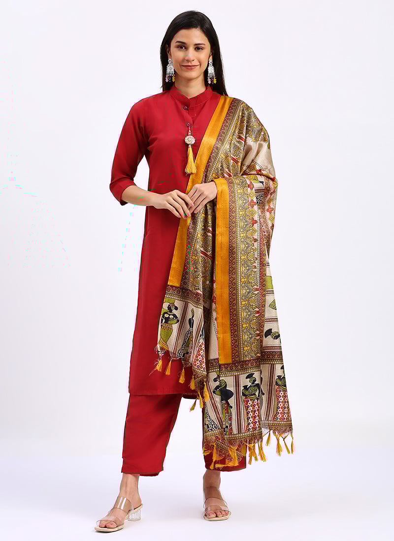 Evening Wear Red Cotton Straight Pant Suit With Printed Khadi Dupatta After Six Wear