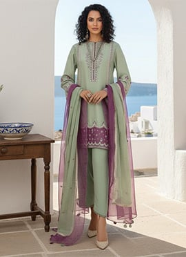 Exclusive Mint Green Silk Resham Embroidered Stones Beads Straight Pant Suit