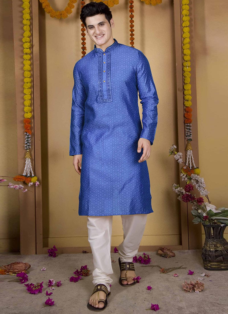 Exclusive Multicolour Poly Jacquard Festive Kurta Pyjama Set Festive Wear