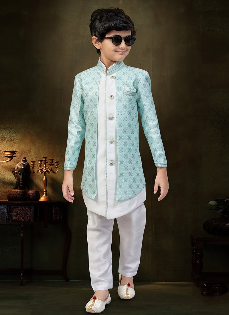 Exclusive Off White Banarasi Silk Jacquard Zari Thread Kids Boys Indowestern Sherwani Wedding Wear