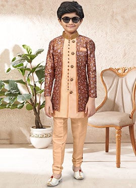 Exclusive Peach Banarasi Jacquard Zari Stone Work Kids Boys Indowestern Sherwani
