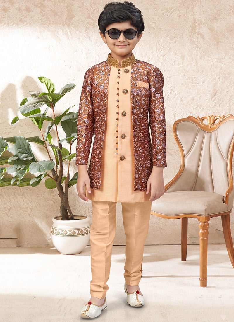 Exclusive Peach Banarasi Jacquard Zari Stone Work Kids Boys Indowestern Sherwani Wedding Wear