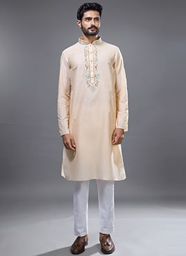 Exquisite Beige Silk Embroidered Kurta Pyjama