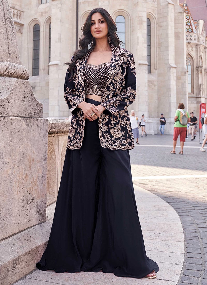 Exquisite Black Silk Indowestern Jacket Palazzo Set With Mirror And Stone Embroidery Wedding Wear