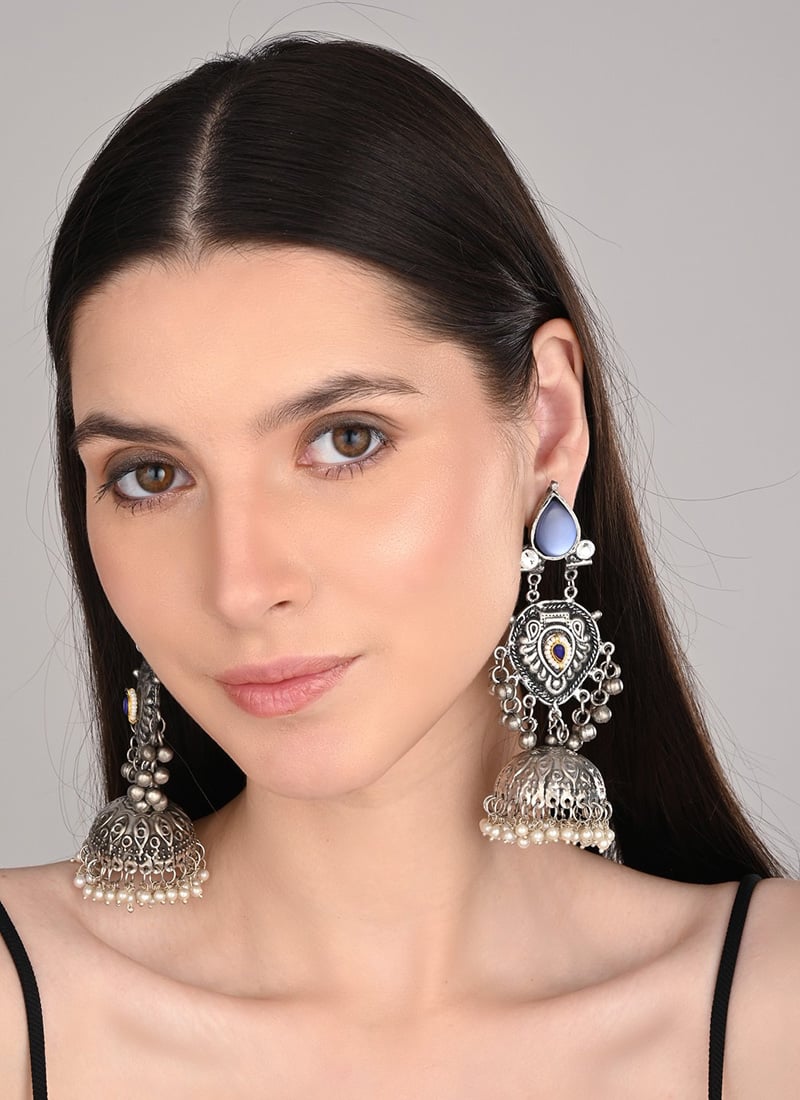 Exquisite Blue Pearl Stone Jhumka Festive Wear