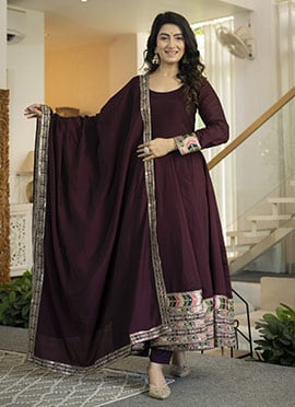 Exquisite Burgundy  Roman Silk Embroidered Sequins Anarkali Suit