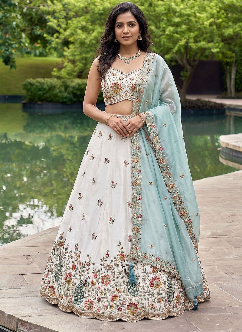 Exquisite Cream Organza Embroidered Umbrella Lehenga Wedding Wear