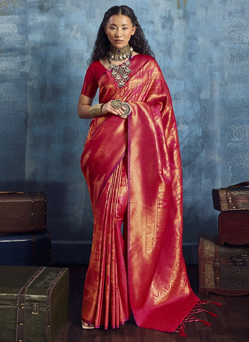 Exquisite Dark Pink Silk Handloom Zari Weaving Saree Festive Wear