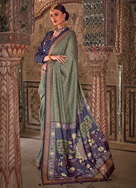 Exquisite Dusty Green Rajwadi Print Viscose Silk Saree For Special Events