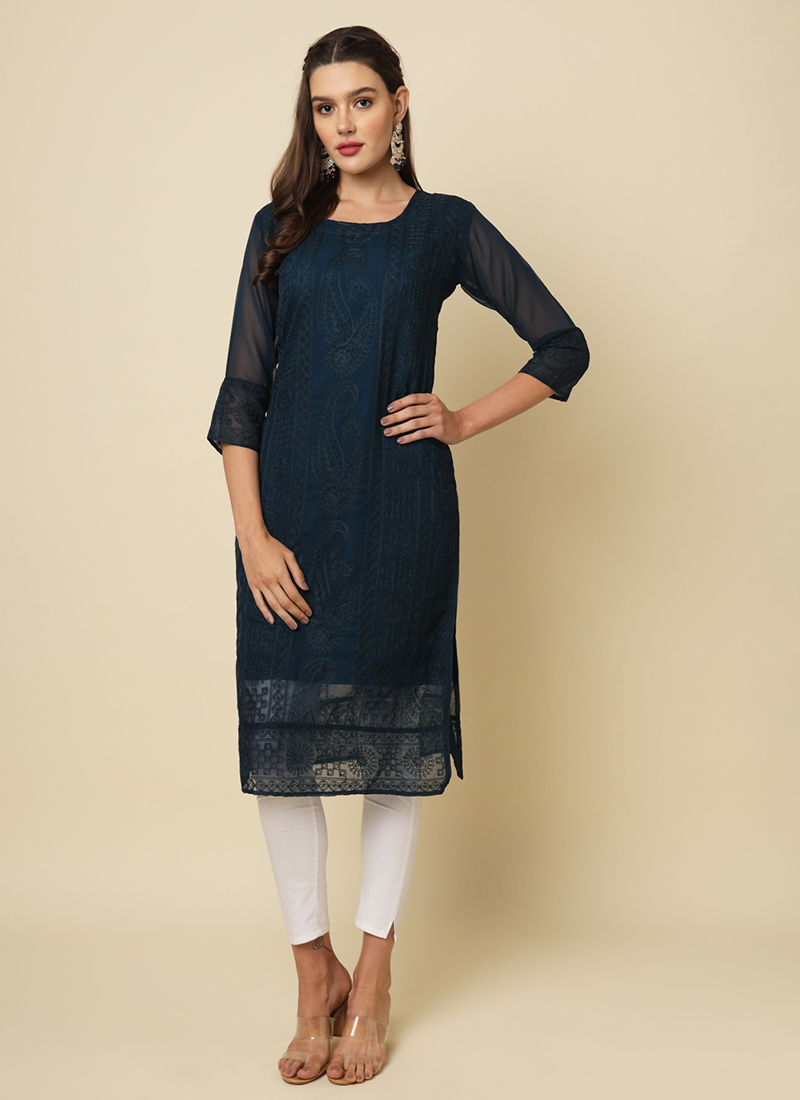 Exquisite Faux Georgette Chikankari Straight Kurti After Six Wear