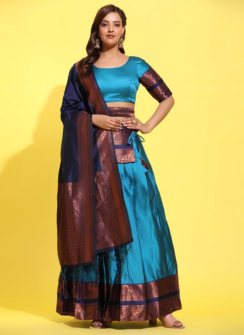 Exquisite Firozi Litchi Silk Zari Woven Lehenga Festive Wear
