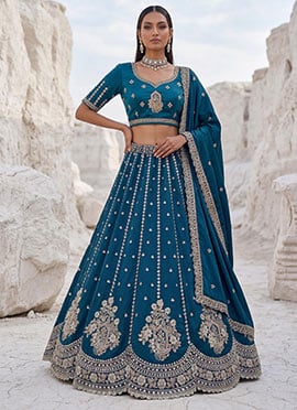 Exquisite Firozi Silk Embroidered Work Umbrella Lehenga