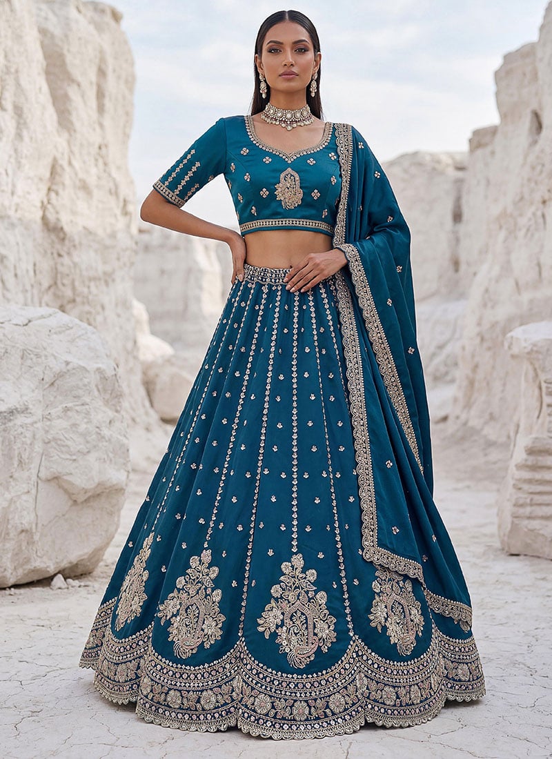 Exquisite Firozi Silk Embroidered Work Umbrella Lehenga Wedding Wear