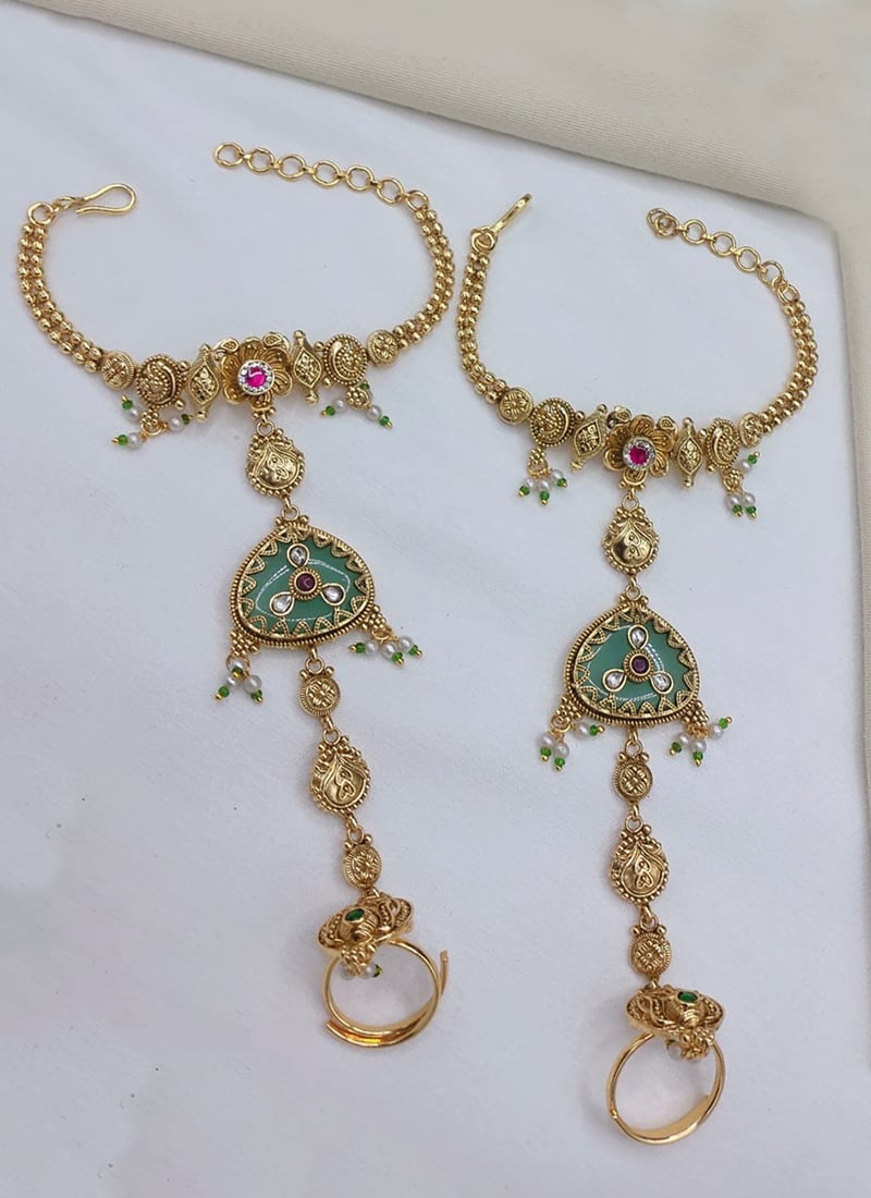 Exquisite Gold Copper Beads Kundan Haath Pool Wedding Wear