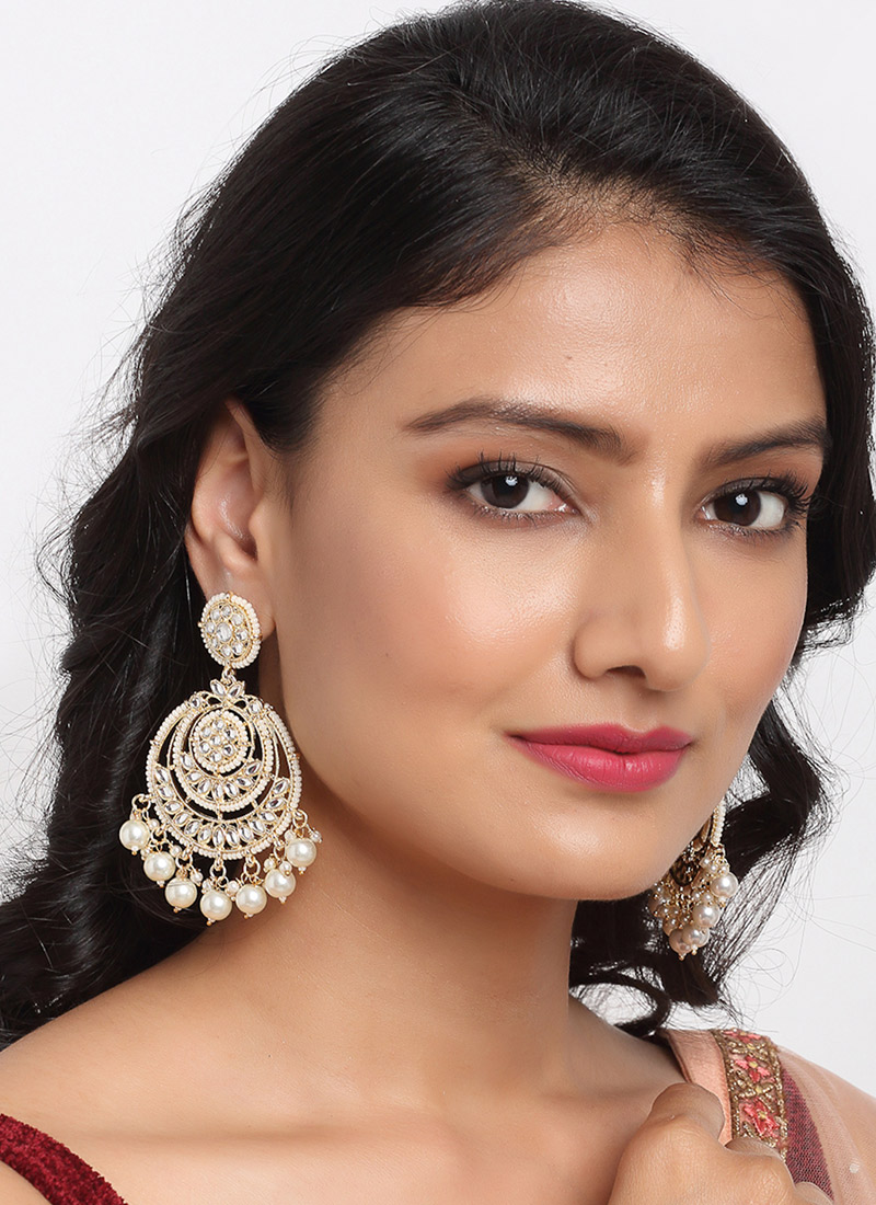 Exquisite Gold Plated Kundan With White Pearl And Stone Chaand Bali Party Wear
